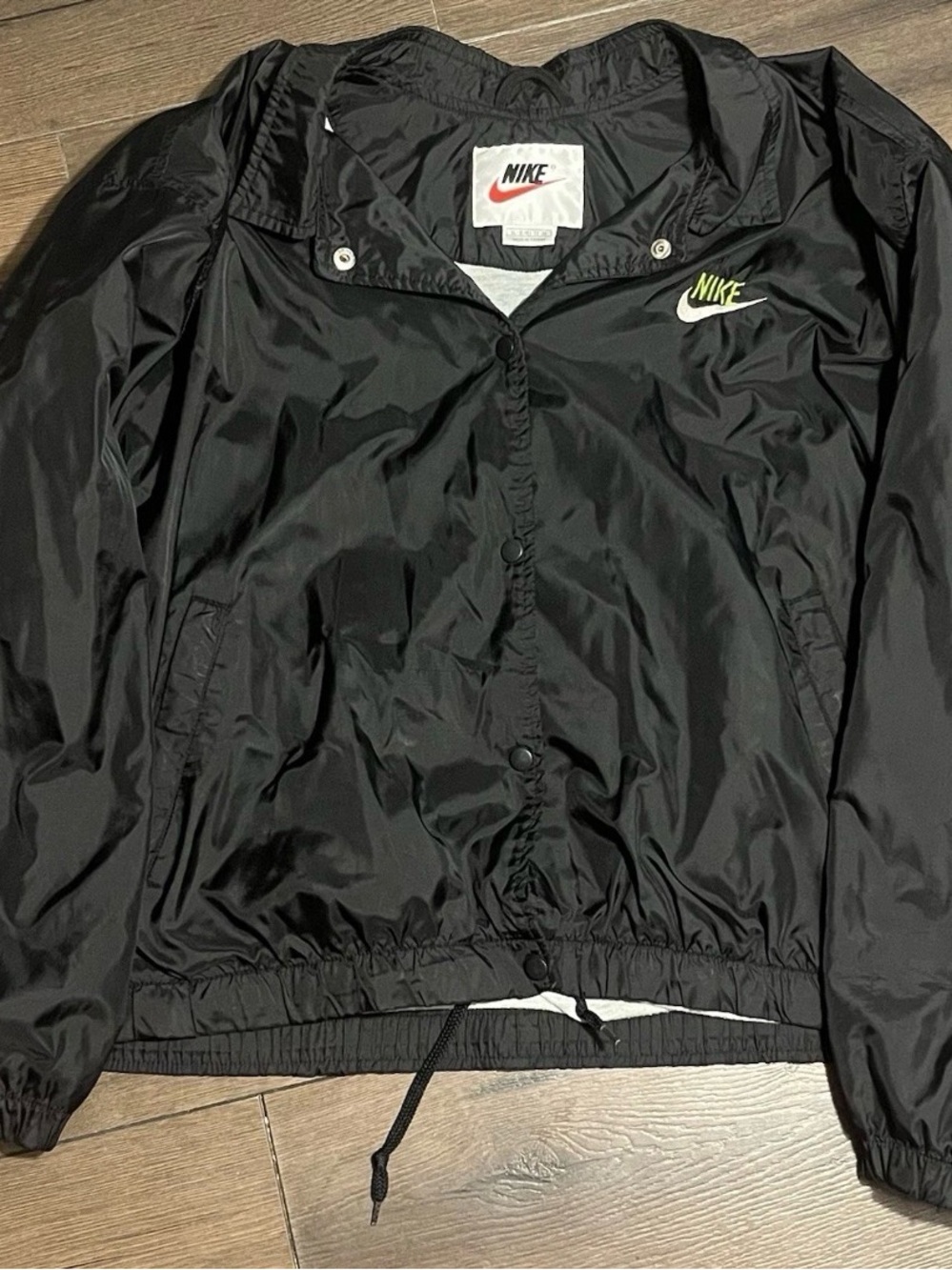 Nike Women’s Black Windbreaker with Neon Lime Swoosh